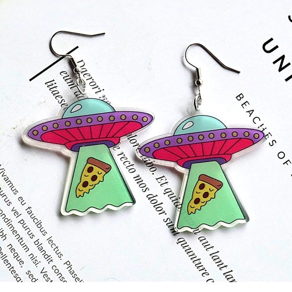 UFO 'They're Only Here For Pizza' Earrings - Dangle Cosplay Halloween Style - Picture 4 of 8